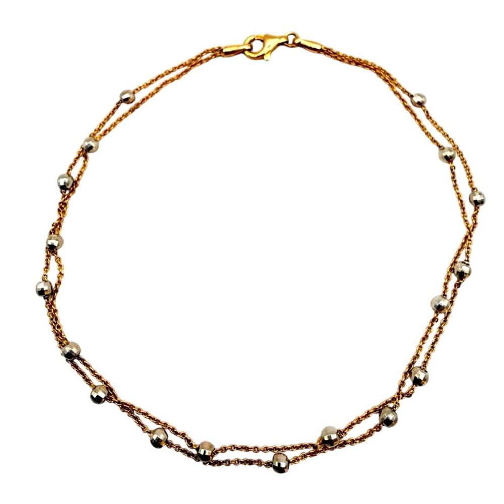 Signed Aurafin 14k Gold Double Chain Anklet Silver Bead Ankle Bracelet 9.75"